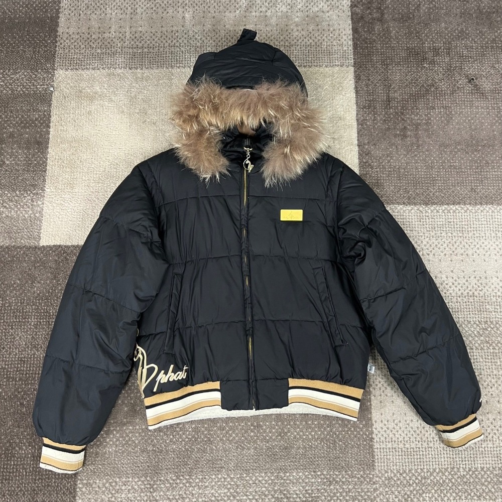 Y2K Baby Phat Women Black Puffer Jacket Coyote Fur Hood Size M Down Fill Feather
